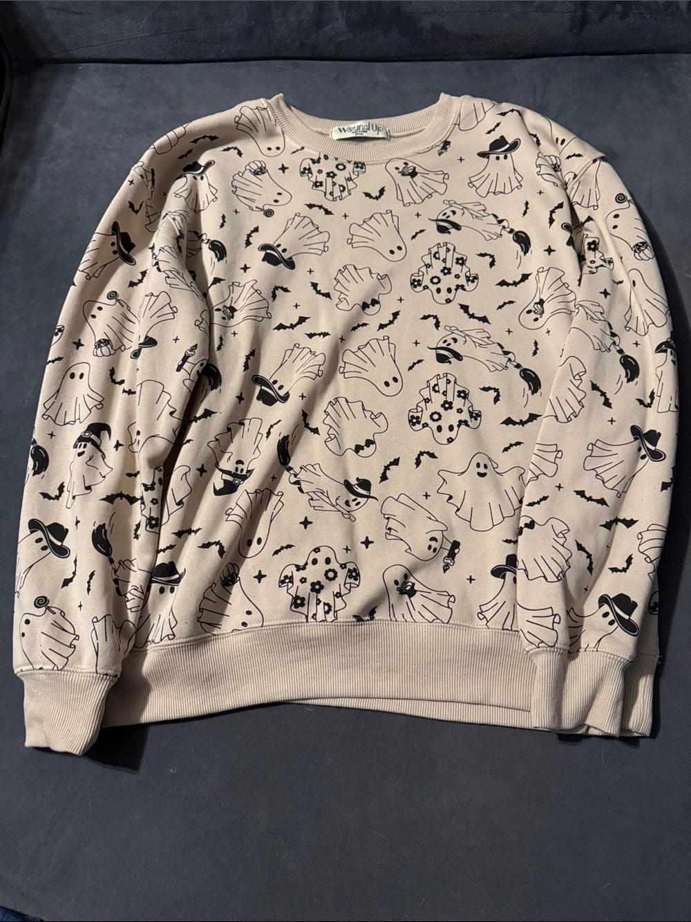 Wound Up Ghost Print Halloween Sweatshirt Tan Small Witchy Spooky Crewneck